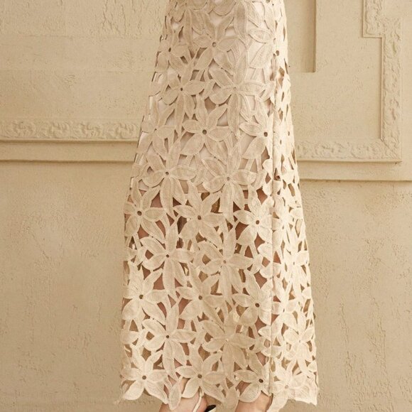 Khaki Casual Women's Floral Lace Cutout A-Line Skirt - Picture 3 of 9